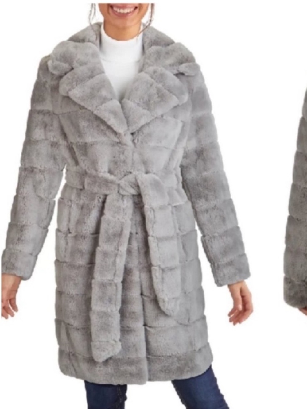 Kenneth Cole Plush Faux Fur Belted Coat - Light Gray Sz Medium